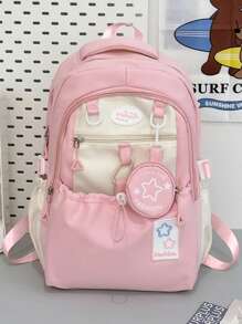 Stylish Sweet Solid Color Functional Backpack For Women, Casual Versatile Commuting Laptop Bag With Small Coin Purse, Campus Back To School Bookbag For High School And College Students, Multi Compartment Large Capacity Outdoor Travel Sports Backpacks, Fashion Bookbag With Pencil Pouch - Pink - View 7