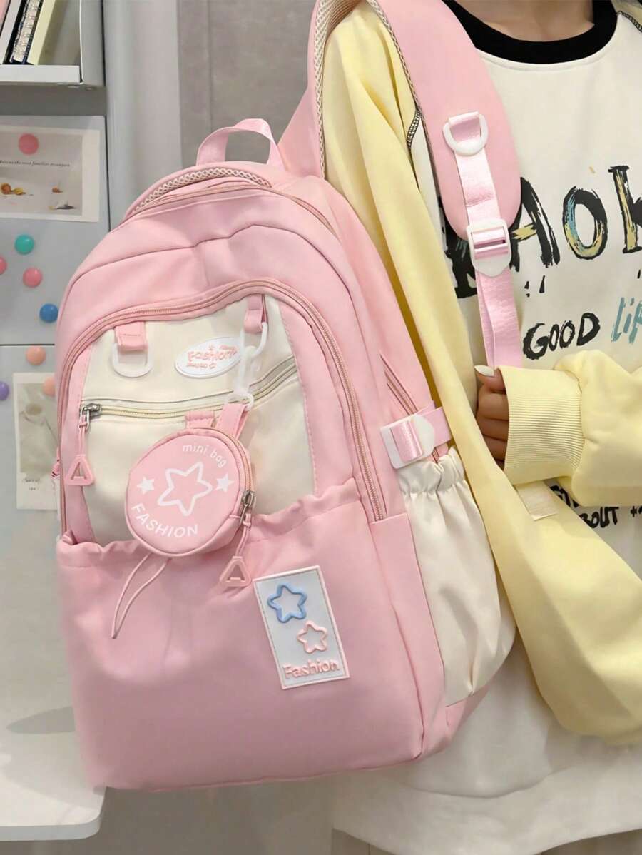 Stylish Sweet Solid Color Functional Backpack For Women, Casual Versatile Commuting Laptop Bag With Small Coin Purse, Campus Back To School Bookbag For High School And College Students, Multi Compartment Large Capacity Outdoor Travel Sports Backpacks, Fashion Bookbag With Pencil Pouch - Pink - View 1