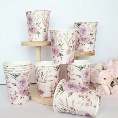 10pcs/20pcs/30pcs/Set Camellia Paper Cups, Light Purple Flower Paper Cups, 9oz Disposable Tea/Coffee Cups, Tea Party/Baby Shower/Bridal Shower/Wedding/Floral Party Supplies