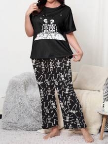 Set de pijamale confortabile pentru femei, mărime plus, tricou cu mânecă scurtă cu imprimeu de schelete de Halloween și pantaloni de lenjerie, costum din 2 piese - Multicolor - Vizualizare 4