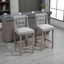 Taburetes de bar modernos, taburetes de bar tapizados con mechones, sillas de pub con respaldo, patas de madera de caucho para cocina, comedor, juego de 2, gris