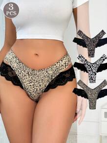3PCS Leopard Print Sexy Cross Strap Lace Splicing Women's Panties Animal Print Low Waisted Comfortable Women's Thongs