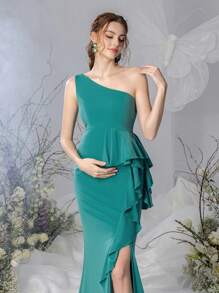 Faeriesty Dressalisa Elegant Maternity One Shoulder Ruffle Trim Formal Party Dress - Green - View 8