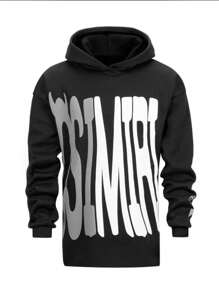 男士字母印花连帽衫套头运动衫原宿街头服饰，宽松时尚保暖秋冬连帽衫 - 黑色 - 查看 4