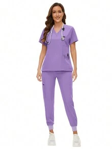 Chirurgische Uniformen Damen Kasack Set Krankenschwester Beauty Salon Arbeitskleidung Klinik Kasack Hose Sets Spa Arzt Pflege Klinik Anzug Frühling - Mauve - Übersicht 2