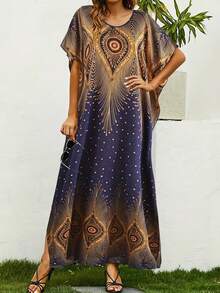 全身印花圆领连衣裙，休闲短袖宽松长裙，春夏季，女士服装，端庄 - 彩色 - 查看 4