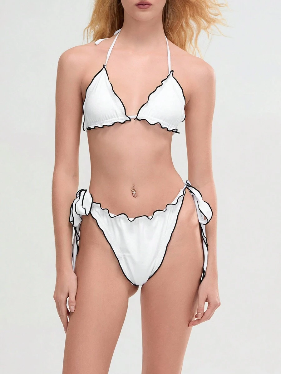 Women's 2 Piece Swimsuits Contrast Stitch/Plaid Print Bikini Set Summer High Cut Two Piece Bathing Suits - White - View 1