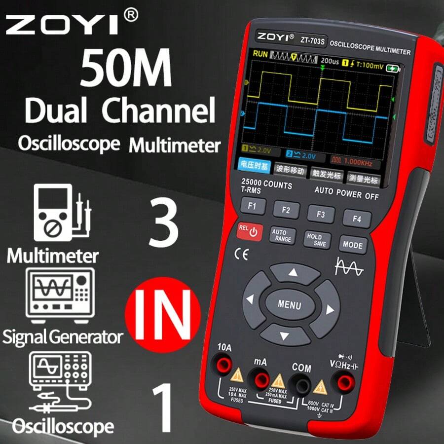 ZOYI ZT-703S 三合一示波器万用表，配备 3.5 英寸 IPS 显示屏、25000 计数、双通道 50MHZ 带宽、280MSa/S 高实时采样率、±400V 输入电压、测量欧姆电压测试仪 - ZT-703S - 查看 1