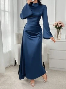 Women's Elegant Robe Dress With Waist Ruffle, Long Sleeve Evening Gown, Spring/Summer