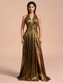Romantisches Damen V-Ausschnitt Kleid mit Raffungen und plissiertem Saum, ärmellos, elegant, für besondere Anlässe - Gold - Übersicht 3