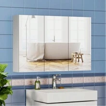 Wall-Mounted Mirror Cabinet White, 3-Door Mirrored Storage Cupboard, Adjustable Height Shelves Storage Unit (90 X 60 X 15 Cm)