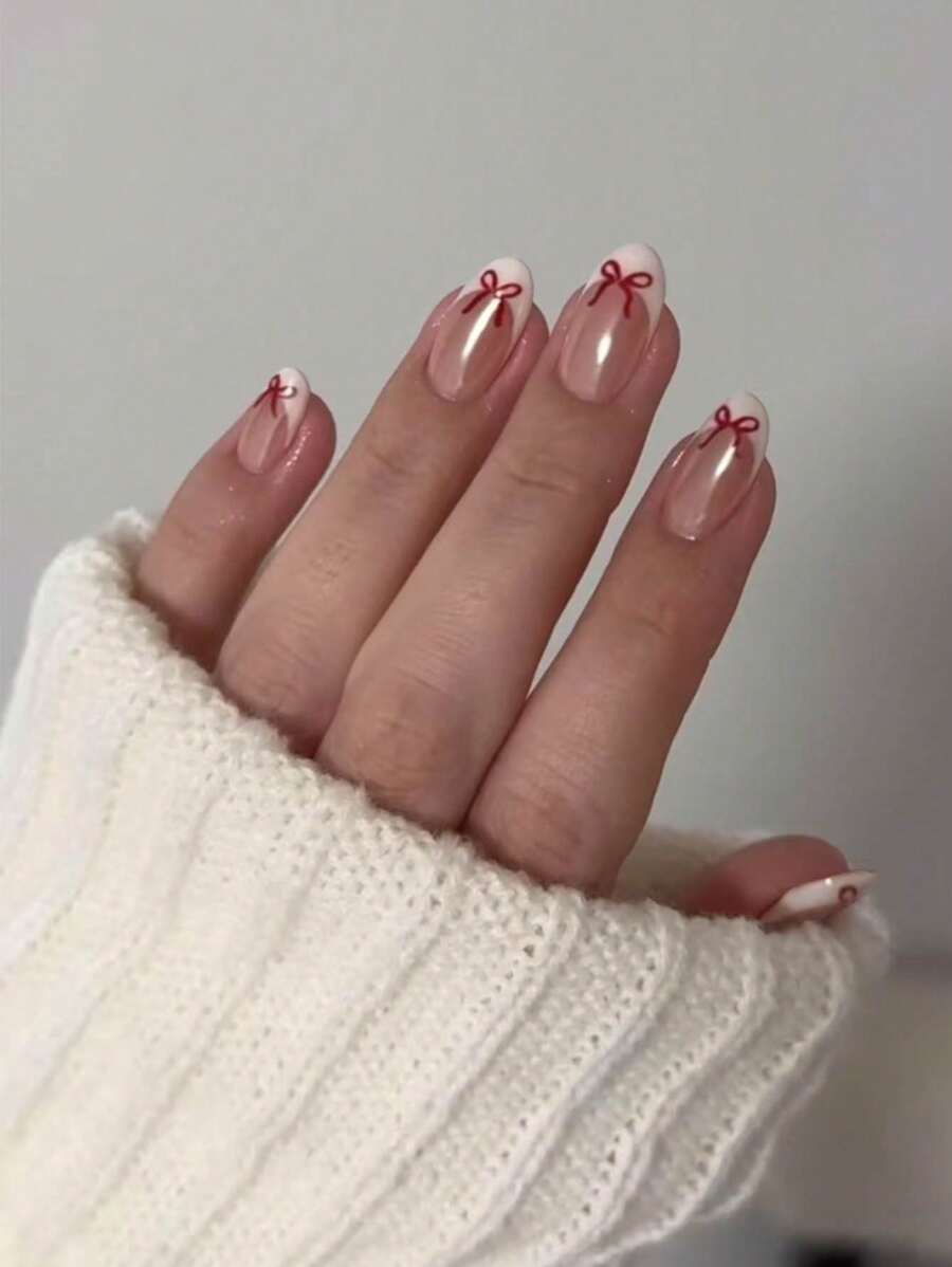 24片装短款椭圆形可爱蝴蝶结金属光泽亮白法式尖头亚克力美甲贴片套装，包含1片果冻胶和1个指甲锉，非常适合情人节和法式美甲，适合女性和女孩日常佩戴和参加舞会