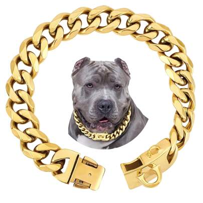 Strong Stainless Steel Dog Collar Golden Cuban Link Chain With Buckle Lock Choke Training Collar For Pets Metal Necklace