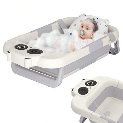  LILIIN Baby Bathtub Foldable With Thermometer And Support Cushion Baby Bathtub Portable Folding Bathtub Foldable Newborn Bathtub Tub For Children From 0 To 12 Months