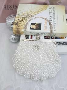 White Color Women Pearl Clutch Bag, Beaded Evening Bag, Wedding Clutch With Handle Suitable For Parties, Weddings, Formal Events, Prom Dresses, Bridesmaids Dresses, Perfect For Party Wedding Prom Dinner/Banquet, Matching With Holiday Party Dress Evening Dress & Sequin Dress Banquet Bag Bridal Wallet Party Pearl Handbag, It Is An Ideal Gift For Women, Elegant Pearl Bag, Prom Bag For Party - White - View 7