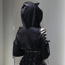 Womens Cat Ear Hoodie Sweatshirt Long Sleeve Sweater Off Shoulder Cat Cute Crop Top Hoodies Pullover Y2K 90s Vintage Hooded Sweatshirt Tops E-Girls Streetwear - 黑色 - 查看 5