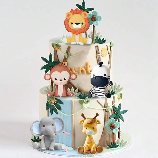 5pcs Jungle Animal Cake Topper With Lion Giraffe Monkey Elephant Zebra For Wild Animals Themed Birthday Party, Zoo Themed Gifts, Festival Celebration Games, Etc