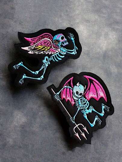 2pcs Skull & Devil Embroidery Patches, Iron-On Appliques For Clothes, Bags, Jackets, Hats, DIY Embroidery Decoration