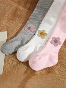 5pcs/Pack Baby Girls Flower Decorated Thin Striped Stirrup Tights, Versatile Leggings For All Seasons