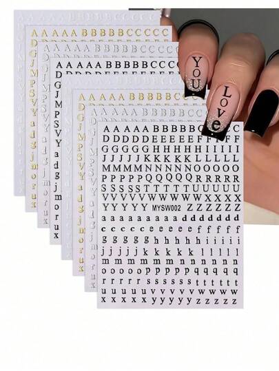 8 SheetsLot Letters Nail Art Stickers English Alphabet Nail Decals 3D Self-Adhesive Metallic Golden Silvery Nail Sticker Black Alphabet Nail Art Supplies For Women Girls DIY Nail Decoration Manicure Stick It On Your Nails, Apply A Layer Of Clear Nail Polish Or Top Coat On The Surface, And Your Nails Will Look More Beautiful And The Nail Stickers Will Last Longer