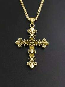 rundraw 1 件十字形花卉图案金属吊坠项链，男女通用，适合派对，适合日常服装配饰 - 復古銀色 - 查看 5
