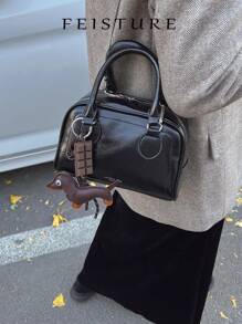 1个复古PU保龄球手提包，女士小方包，拉链封口，单肩斜挎包（关注店铺即可获赠肩带），适合女孩、女士、大学生、年轻职业人士和上班族，非常适合工作、商务、通勤和上学使用。 - 黑色 - 查看 8