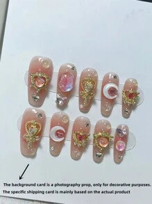 10片手工按压式美甲，日式百搭粉色超闪中阶假指甲，适合春夏流行纯色美甲，适合女士和女孩日常佩戴，可重复使用，手工按压式美甲 - 粉色 - 查看 4