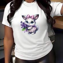 Easter Bunny Holding Flowers Printed T-Shirt For Men And Women Round Neck Cotton Short Sleeve Sports T-Shirt For All Seasons
