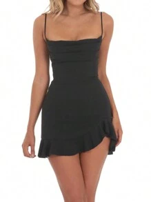 Women's Sleeveless Ruffle Mini Dress - Spaghetti Strap, Cross Back, Square Neck Bodycon Design. Perfect For Clubwear, Parties, Or Night Out - 黑色 - 查看 1