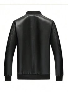 1pc Tween Boy Casual Black PU Leather Baseball Collar Jacket, Spring/Autumn Lightweight Motorcycle Outerwear - Black - View 4