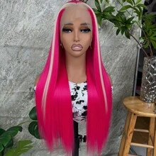 Peluca sintética de 28 pulgadas de color azul largo y recto con encaje frontal para mujeres. Peluca de cabello azul claro con iluminación, sin cola, con raíz preenlazada y línea del cabello natural para mujeres. - Rosa Fucsia - Ver 2