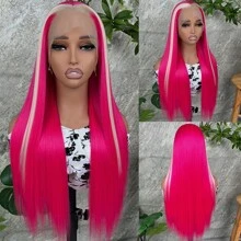 Peluca sintética de 28 pulgadas de color azul largo y recto con encaje frontal para mujeres. Peluca de cabello azul claro con iluminación, sin cola, con raíz preenlazada y línea del cabello natural para mujeres. - Rosa Fucsia - Ver 3