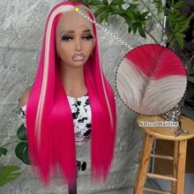 Peluca sintética de 28 pulgadas de color azul largo y recto con encaje frontal para mujeres. Peluca de cabello azul claro con iluminación, sin cola, con raíz preenlazada y línea del cabello natural para mujeres. - Rosa Fucsia - Ver 5