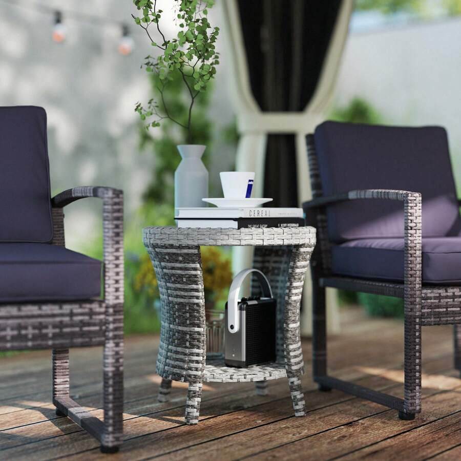 Outsunny 18" Outdoor Wicker Coffee Table, PE Rattan Patio Side Table With 2-Tier Storage, Composite Wood Top For Garden Backyard Balcony - Mixed Gray - View 1