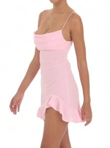 Vestido mini con volantes para mujer, de un solo color, con cuello cuadrado, sin mangas, con tirantes de espagueti, espalda cruzada y ajustado, para uso en clubes - Rosa - Ver 5