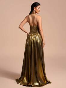 Romantisches Damen V-Ausschnitt Kleid mit Raffungen und plissiertem Saum, ärmellos, elegant, für besondere Anlässe - Gold - Übersicht 2