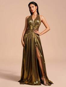 Romantisches Damen V-Ausschnitt Kleid mit Raffungen und plissiertem Saum, ärmellos, elegant, für besondere Anlässe - Gold - Übersicht 6