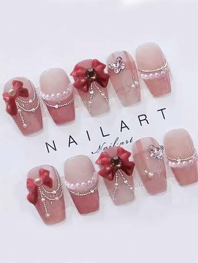 粉色公主渐变蝴蝶结手工珠光方形美甲贴片，饰以红色线条，中长款 - 花朵图案美甲设计，情人节短款美甲 - 粉色美甲，按压式短款假指甲，情人节美甲，情人节礼物，手工按压式美甲贴片