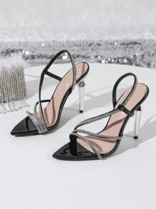 Women's Elegant High Heels,Pointed Toe Sparkly Crystal Strap Ankle Strap Sandals, For Formal Occasion, Party, Outdoor, Fashionable, Spring/Summer - Black - View 5