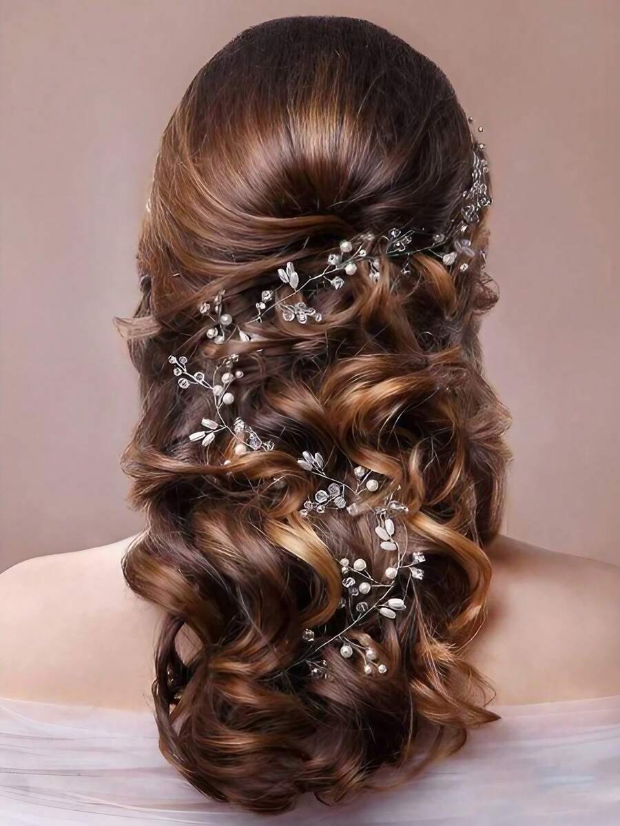 Kismis 50公分婚禮頭飾假珍珠水晶新娘髮飾頭飾女裝飾髮藤婚禮髮飾珠寶 - 銀色 - 查看 1