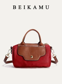 BEIKAMU 1 件女士时尚拼色手提包，适合办公室、通勤、购物、可调节肩带斜挎包 - 酒紅色 - 查看 1