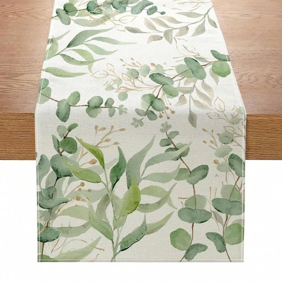 1pc Eucalyptus Leaf Table Runner For Spring, Green Sage Color Tablecloth, Seasonal Table Mat, Suitable For Kitchen Dining Table Decor, Indoor Outdoor Party, Seasonal Home Decor