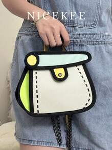 New Cute Cartoon Anime Girly Handbag Fashionable Color Block Portable Metal Chain Shoulder Crossbody Bag Simple And Stylish Cake Bag Suitable For Commuting, Daily Outings, Shopping And Dating.