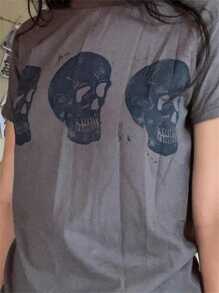 Women Grunge Loose Fit T-Shirt Graphic Printed Tees Summer Casual Vintage Short Sleeve Round Neck Skull Head Print Tops Summer Outfit For Teen Girls E-Girl Streetwear Teen Girls Aesthetic Clothes