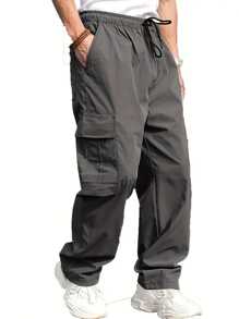 Men's Cargo Belt Pocket Hiking Pants Casual Sports Jogging Outdoor Pants Loose Version - 灰色 - 查看 1