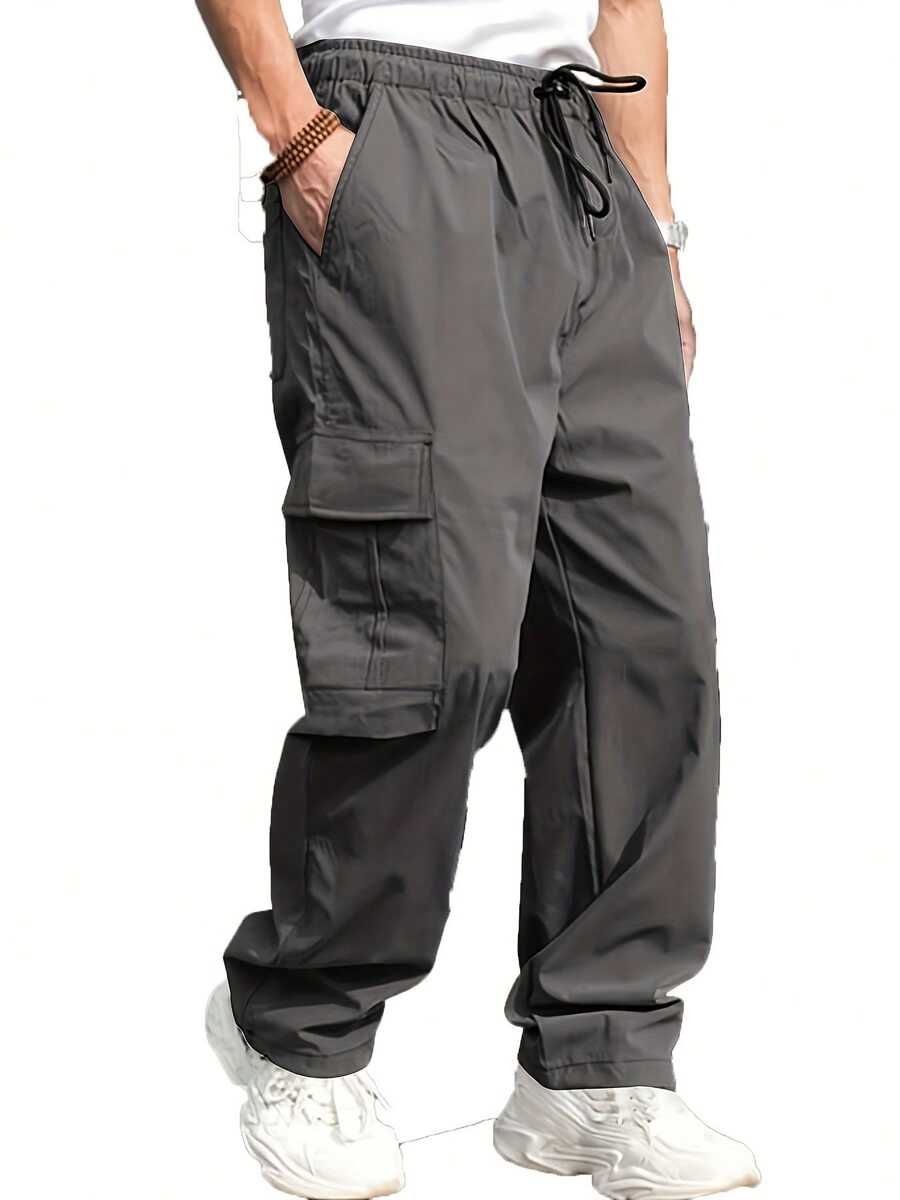 Men's Cargo Belt Pocket Hiking Pants Casual Sports Jogging Outdoor Pants Loose Version - 灰色 - 查看 1