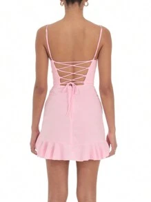 Vestido mini con volantes para mujer, de un solo color, con cuello cuadrado, sin mangas, con tirantes de espagueti, espalda cruzada y ajustado, para uso en clubes - Rosa - Ver 6