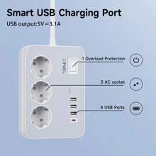LIPWEL LIPWEL 1Pc 7 In 1 Power Supply Power Outlet Socket, 1M, 1.8M, 3M, 5M, Power Strip With 4 USB Charging Ports, Wall Mounting Power Strip (16A, 3680W) With Switch And Power Indicator Light, Multiple Plug USB Socket For Smartphone Laptop Home, Office Usage, White Black,Multi Functional Power Socket