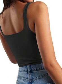 HIGHFINE Women's Square Neck Cropped Tops, Basic Sleeveless, Tight Vests, Casual Vests - 黑色 - 查看 2