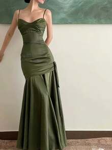 春夏女士时尚优雅休闲吊带连衣裙，复古修身派对生日舞会晚礼服，婚礼宾客礼服 - 墨綠色 - 查看 3